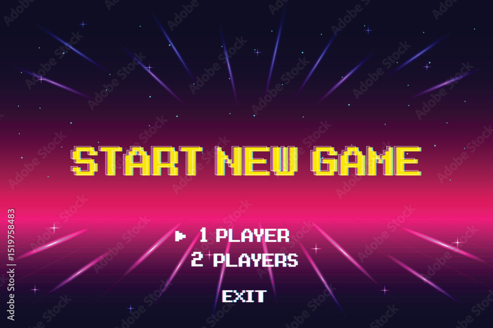 Poster start new game play. synthwave wireframe net illustration. pixel art .8 bit game. retro game. for ga