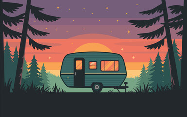Cozy camper at sunset in the forest