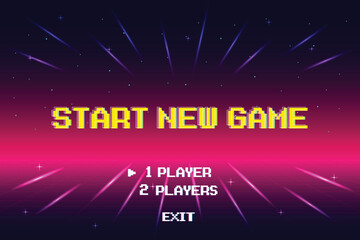 START NEW GAME play. Synthwave wireframe net illustration. pixel art .8 bit game. retro game. for game assets. Retro Futurism Sci-Fi Background. glowing neon grid. and stars.