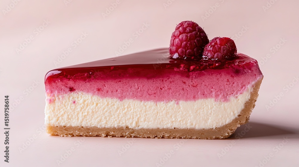 Poster a minimalist shot of a slice of raspberry cheesecake with smooth edges and a glossy finish, isolated