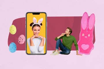 Composite image 3D collage of smartphone display young lady smile bunny ears man sit down eggs...