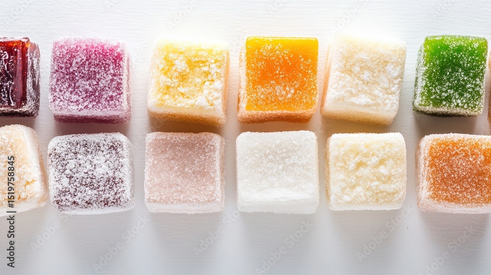 Poster a mix of turkish delights with a light dusting of sugar on top, arranged neatly in a row on a neutra