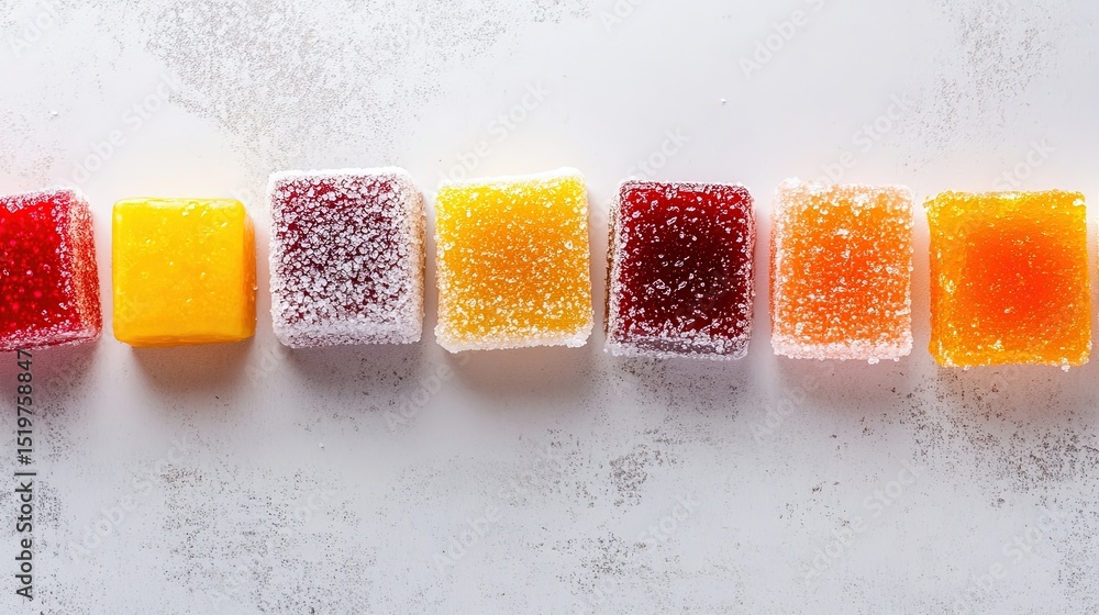 Poster a mix of turkish delights with a light dusting of sugar on top, arranged neatly in a row on a neutra