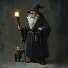 Wise old wizard with a glowing staff and a small creature fantasy illustration