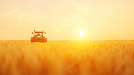 Fototapeta premium Silhouette of a tractor in a golden wheat field at sunset. Agricultural landscape, farming, harvest, rural scene.