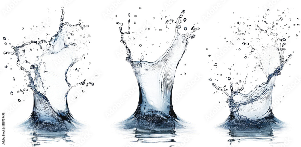 Poster three water droplets splashing and creating a crown shape isolated on a transparent background