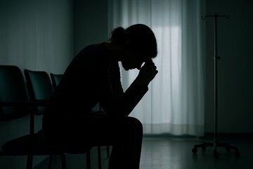 Cinematic image of woman in silhouette seated alone in hospital corridor, expressing fear and anxiety about diagnosis.