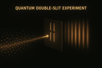 Quantum double-slit experiment. Glowing particle wave passing through slits creating interference pattern on screen.