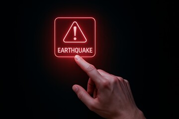 Earthquake alert button. Finger pressing red glowing emergency icon for seismic warning system on black background.