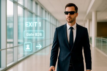 AR exit navigation in airport. Businessman with smart glasses walking past holographic gate direction signage.