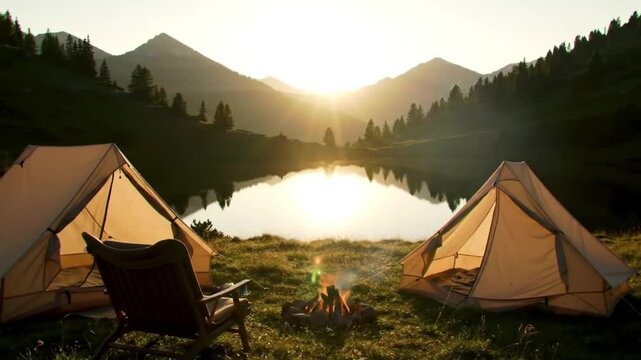 Picnic and camping tent, Adventure, travel, tourism, friendship and Recreation Concept. Bonfire camp surrounded by teams of Asian hikers are playing music together in the autumn forest path.