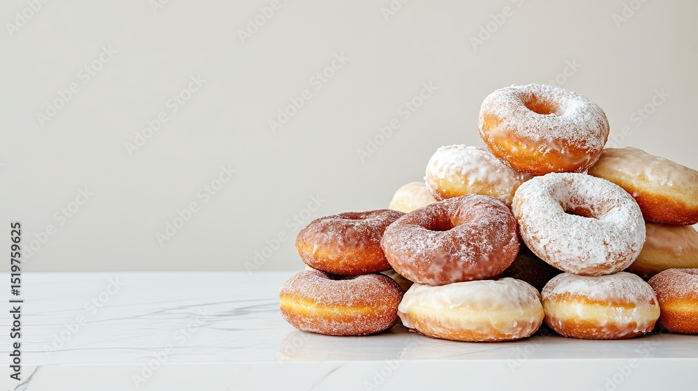 Poster a pile of assorted donuts on a clean white table, with the background intentionally kept empty to fo