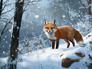 A red fox standing in a snowy forest, piercing eyes