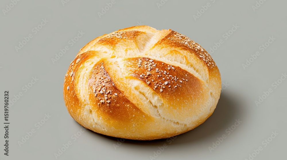 Poster a round loaf of freshly baked bread with a golden crust, sitting on a neutral background with ample 