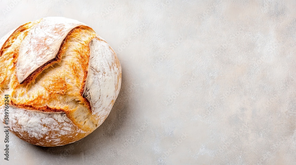 Poster a round loaf of freshly baked bread with a golden crust, sitting on a neutral background with ample 