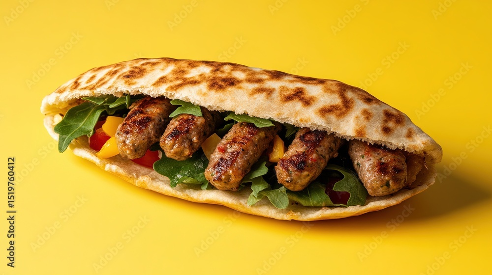 Poster a sausage pita with fresh ingredients spilling out slightly, placed on a simple background with nega