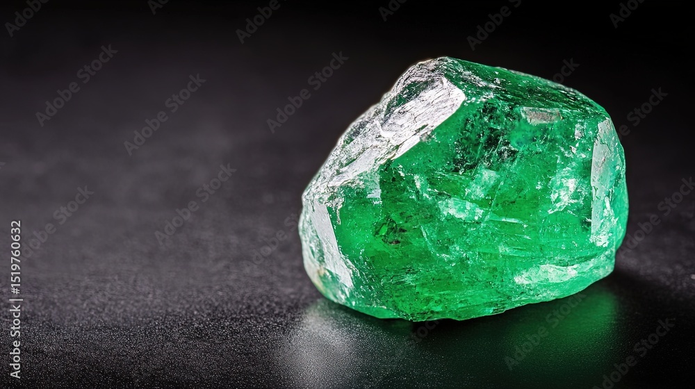 Poster a shiny nugget of emerald resting on a simple black background, highlighting its vivid green color.