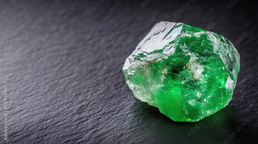 Poster a shiny nugget of emerald resting on a simple black background, highlighting its vivid green color.