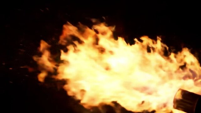 Intense Flamethrower Blaze, High-Quality Orange Fire Burst on Black Background
