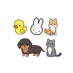 Set of vector animal faces. Illustrations of cute animal heads. Smiling animals. Children cartoons. set of Vector Kawaii animals.