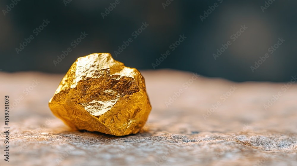 Poster a single golden nugget resting on a soft beige surface, with a smooth, blurred background to focus o