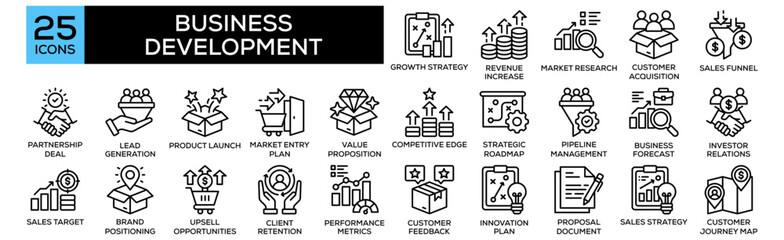 Business Development icon collection set. Containing design Growth Strategy, Revenue Increase, Market Research, Customer Acquisition, Sales Funnel