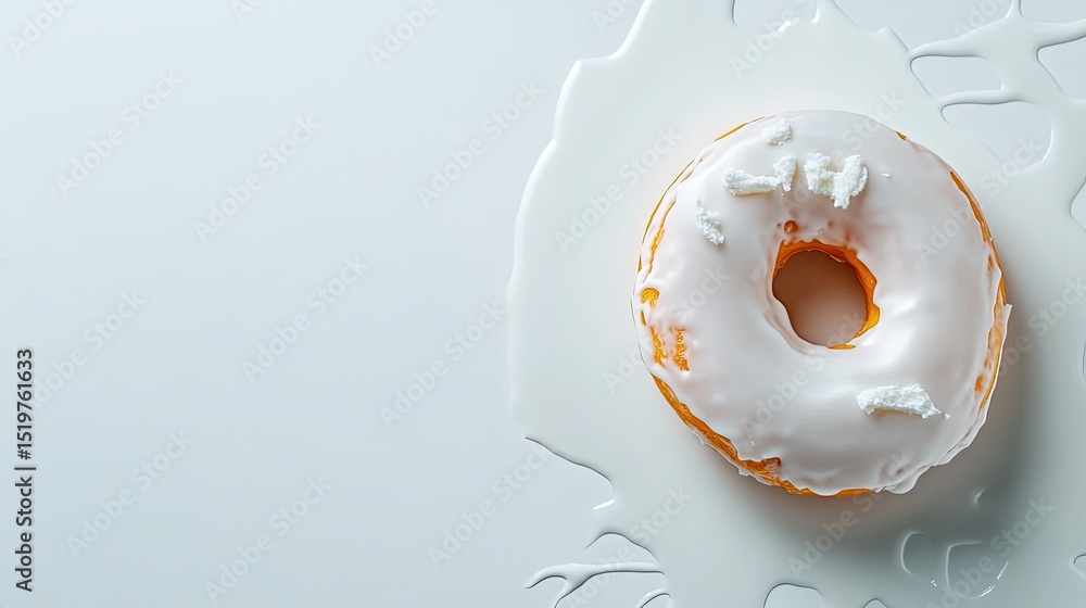 Poster a single, round glazed donut in the middle of a white, empty space, creating a simple, clean composi