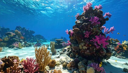 Vibrant coral reef ecosystem in azure waters teeming with marine life panorama
