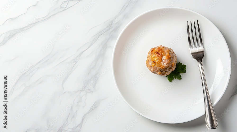 Poster a single swedish meatball with a fork resting beside it, placed on a plain white dish, with an empty