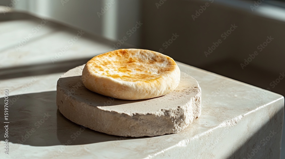 Poster a single warm kashar pita placed on a smooth stone surface, with a subtle shadow and lots of empty s