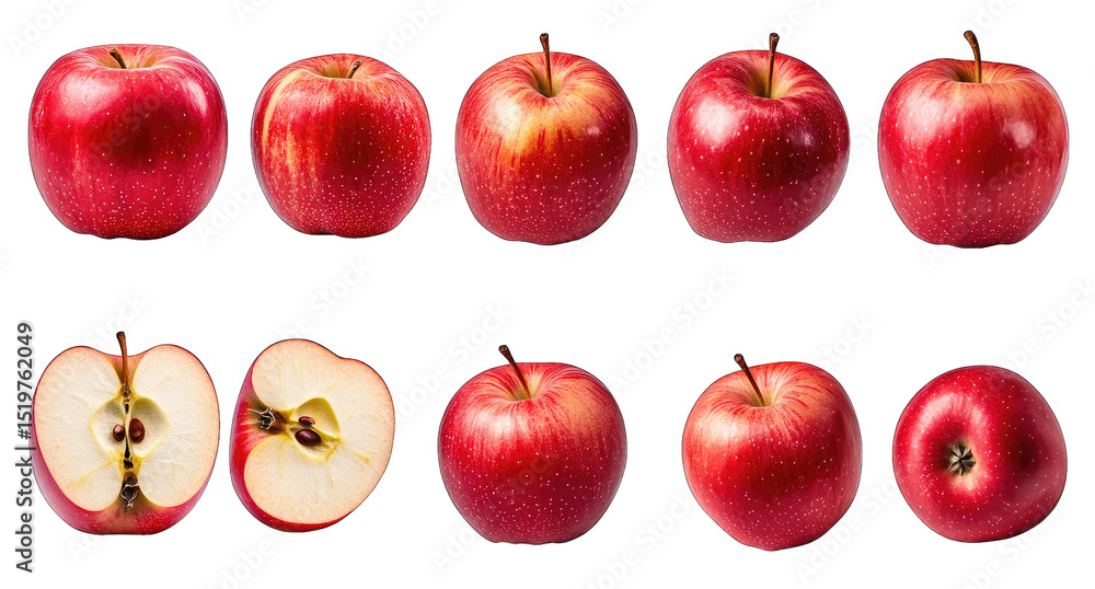 Poster a collection of red apples in various angles including whole halved and sliced isolated on a transpa