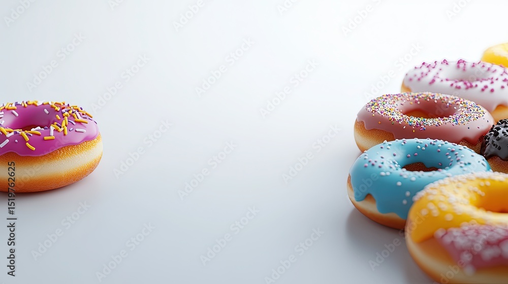 Poster a variety of donuts with different frostings and toppings placed neatly on a white surface, with emp
