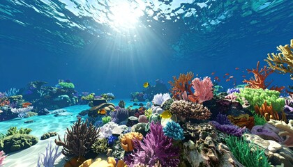 Vibrant coral reef ecosystem teeming with marine life beneath the ocean surface