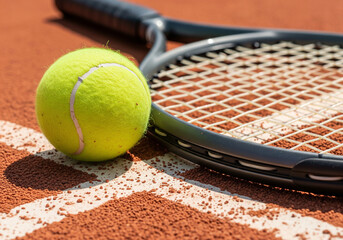 gros plan d'une Balle de tennis et raquette sur un cours en terre battu
