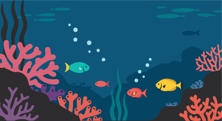 Fototapeta premium Vibrant Underwater Scene Minimal Vector Illustration Colorful Fish and Coral Reef Illustration