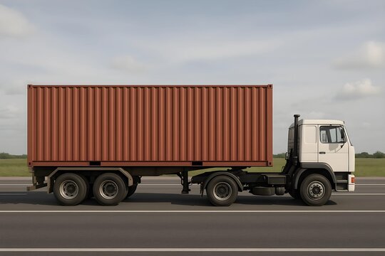 Side view of a flat-nose truck with single red container