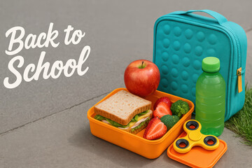 A turquoise lunch kit with sandwich, apple, strawberries, broccoli, water bottle and fidget spinner sits on pavement under &ldquo;Back to School&rdquo; text.