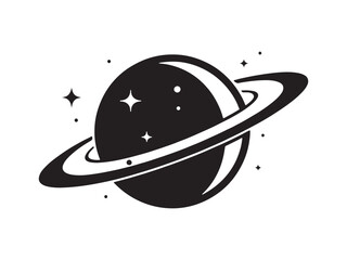 Minimalist Black and White Saturn Planet Silhouette with Rings and Stars