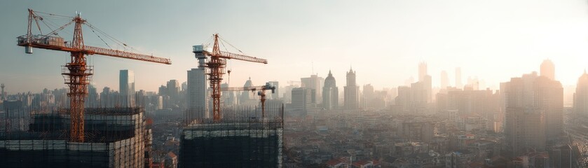 Timelapse effect of cranes and scaffolding moving over a week on a city skyline