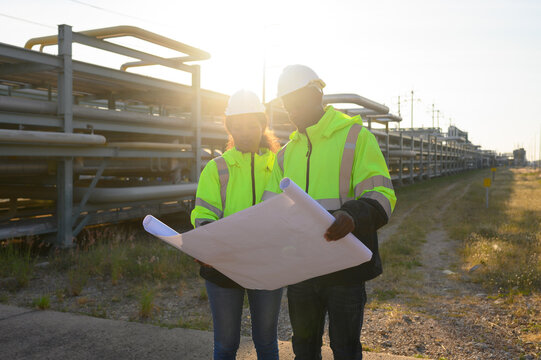 Male and female engineers are checking the integrity and safety of a gas energy pipeline.