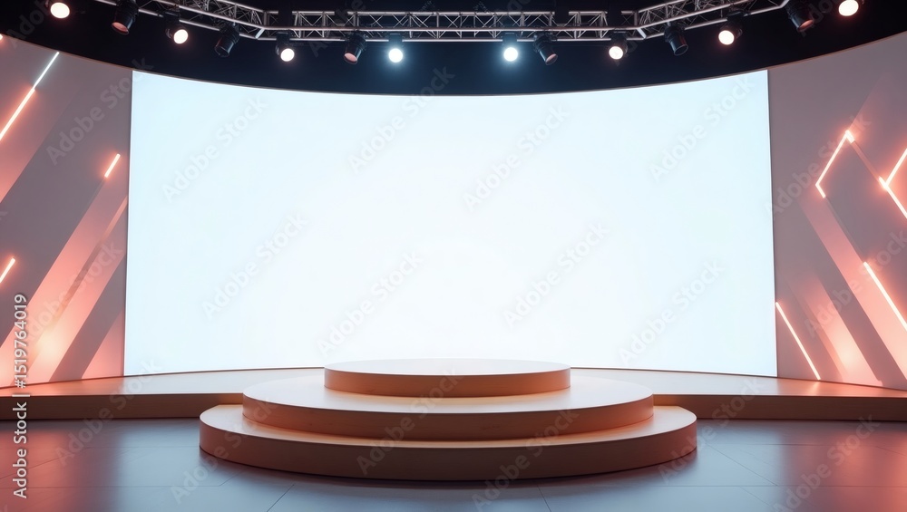 Poster a stage ready for an event, illuminated with spotlights and a blank screen