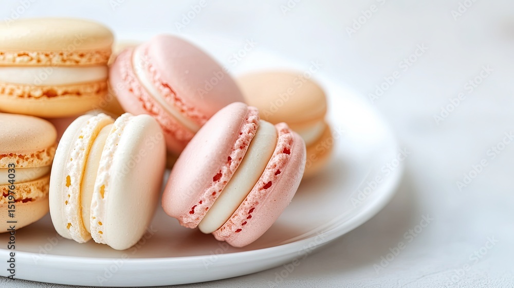 Poster assorted macarons with soft, muted colors, gently arranged on a white plate with ample negative spac