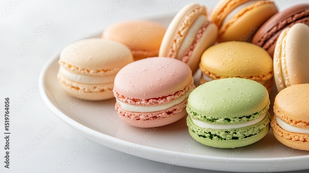 Poster assorted macarons with soft, muted colors, gently arranged on a white plate with ample negative spac