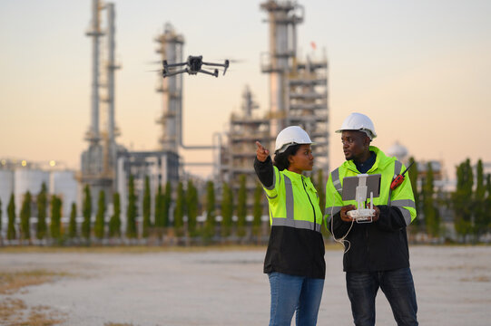 Male and female engineers are checking the integrity and safety of a gas energy pipeline.