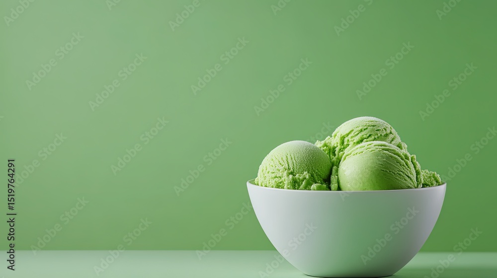 Poster bowl of matcha ice cream with a glossy finish, isolated on a light green background with empty space