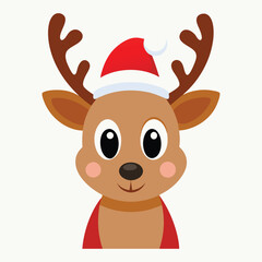 Cute Christmas Reindeer Head with Santa Hat Cartoon Rudolph Vector Illustration for Holiday Designs and Kids' Projects