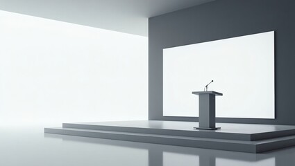 a minimalist stage with a podium and a blank screen, perfect for presentations or events. The stage is in a modern, sleek design