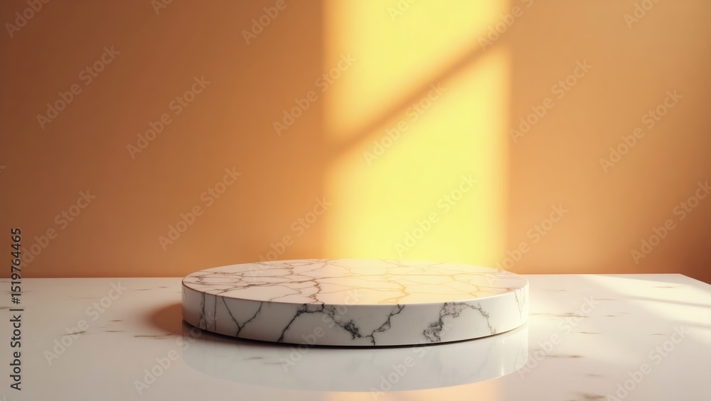 Poster a marble display platform with sunlight casting shadows on the wall and platform surface, perfect fo