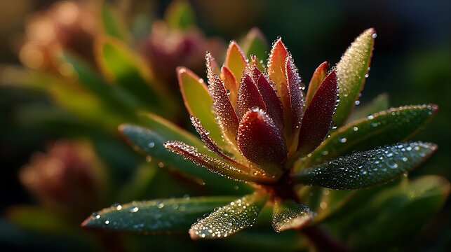 朝露に濡れる赤い多肉植物の幻想的なマクロ写真
