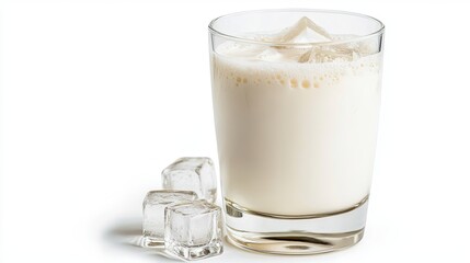 Clear glass of chilled ayran with frothy top and ice cubes, set on a white background with no other distractions. 
